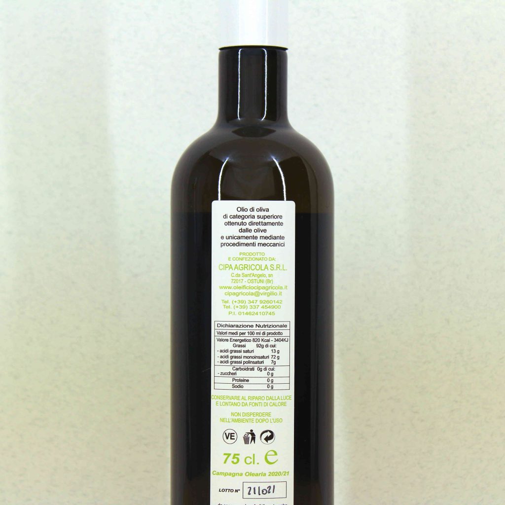 Olio Extravergine di Oliva - bottiglia 0,75 litri - intenso leggero - retroetichetta dettaglio - Cipa Agricola - Acquista online